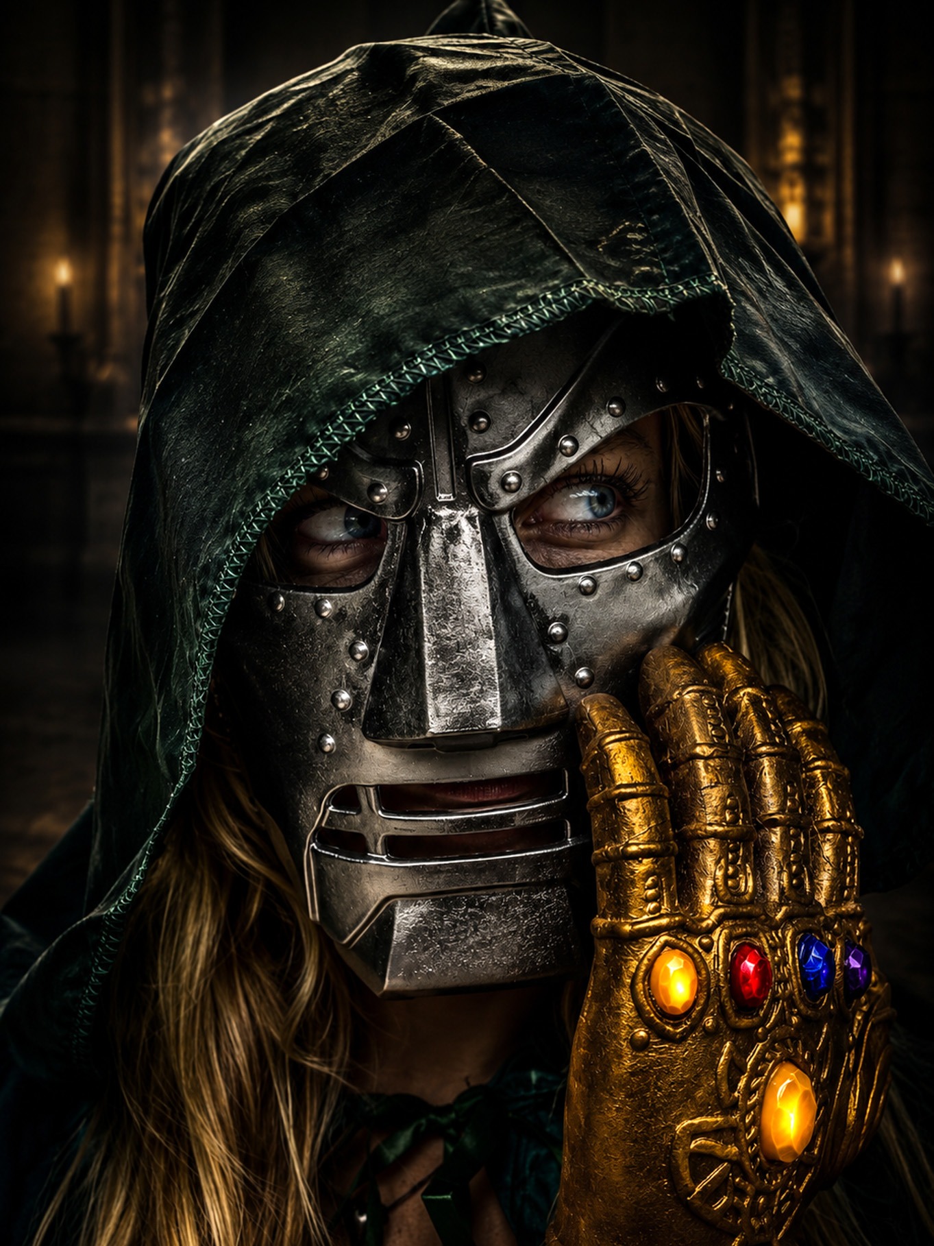 Doctor Doom cosplay close-up: silver mask beneath a green hood, the gold jeweled Infinity Gauntlet raised to the chin in a candle-lit hall.