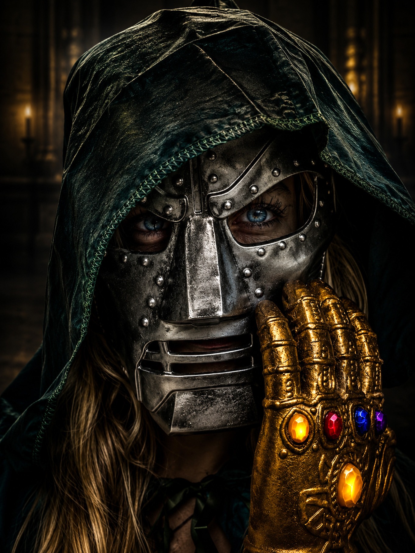 Doctor Doom cosplay close-up: blue eyes staring through the silver mask, the Infinity Gauntlet's jeweled fingers pressed to the faceplate.