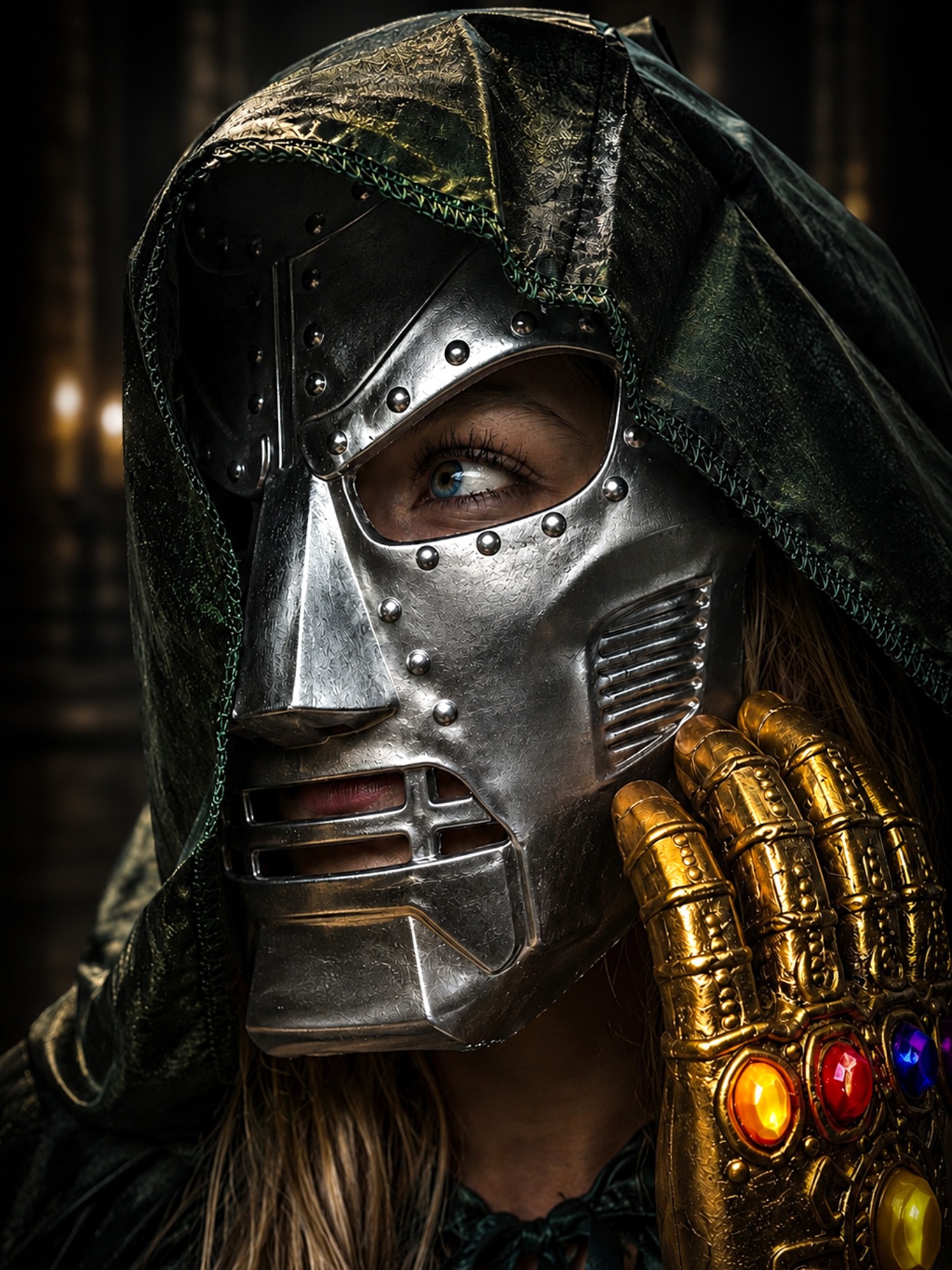 Doctor Doom cosplay in profile: the masked model looks upward, the jeweled Infinity Gauntlet held against her jaw.