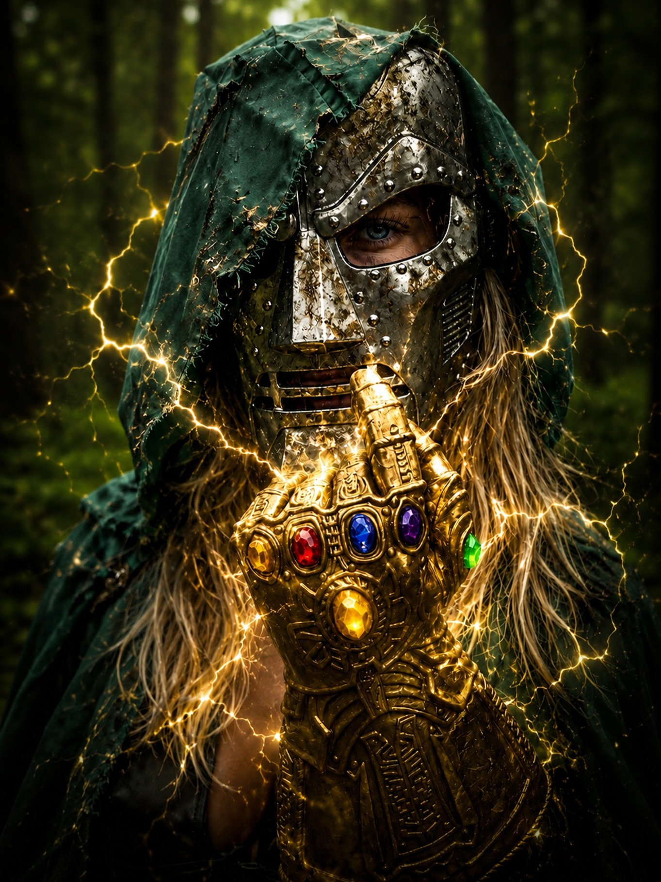 Doctor Doom cosplay in a forest: golden energy crackles around the Infinity Gauntlet raised beneath the silver mask.