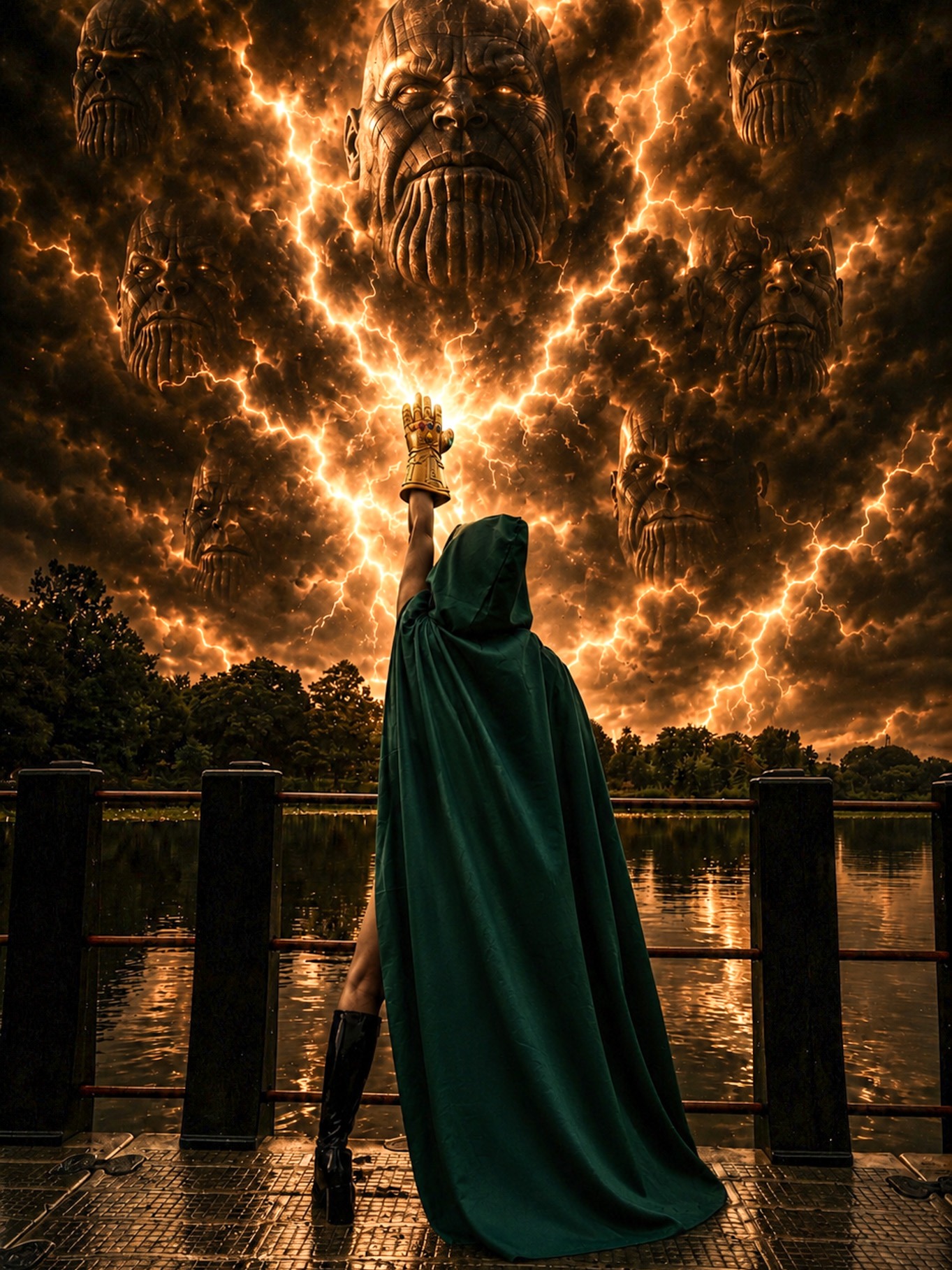 Doctor Doom cosplay from behind: green cape on a lakeside pier, gauntlet raised to a burning sky bearing Thanos's likeness.