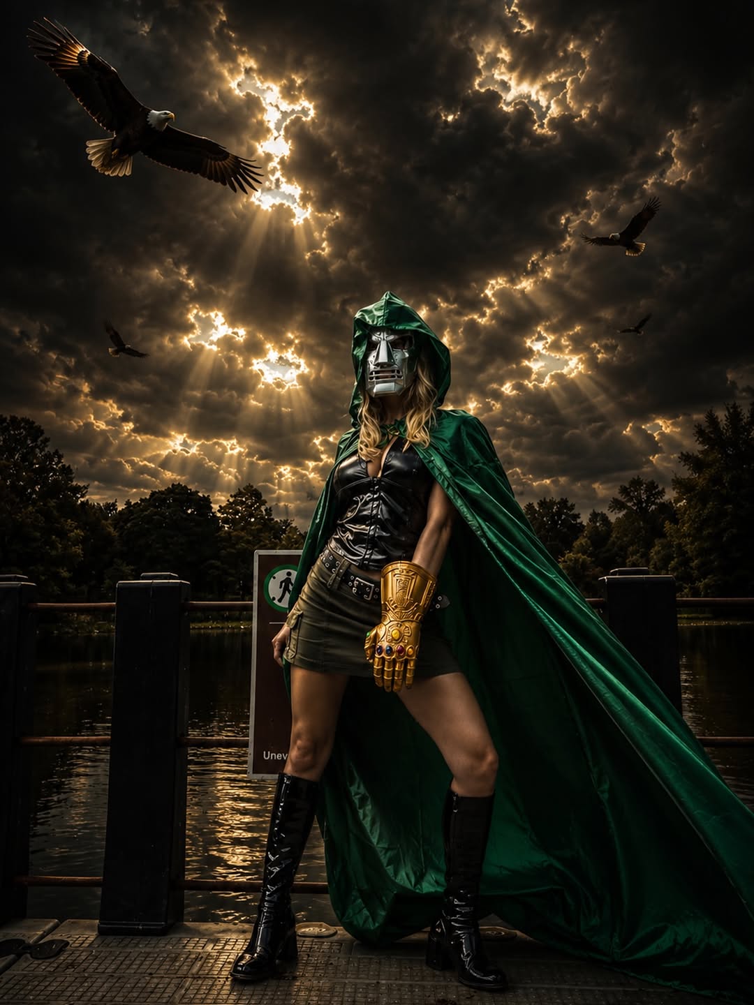 Doctor Doom cosplay on a pier: full-length stance in silver mask and green cape, eagles circling a storm-lit sky.