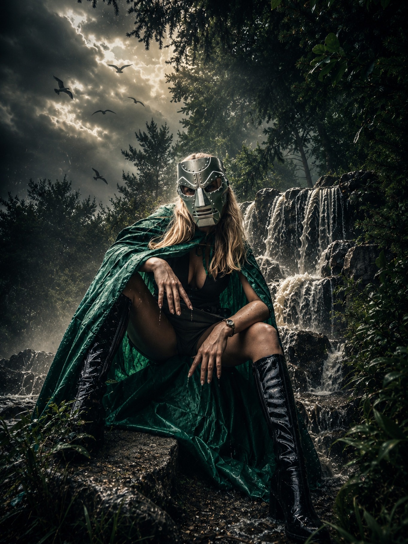 Doctor Doom cosplay seated beside a waterfall under a storm-dark sky, green cape pooling over the rocks.