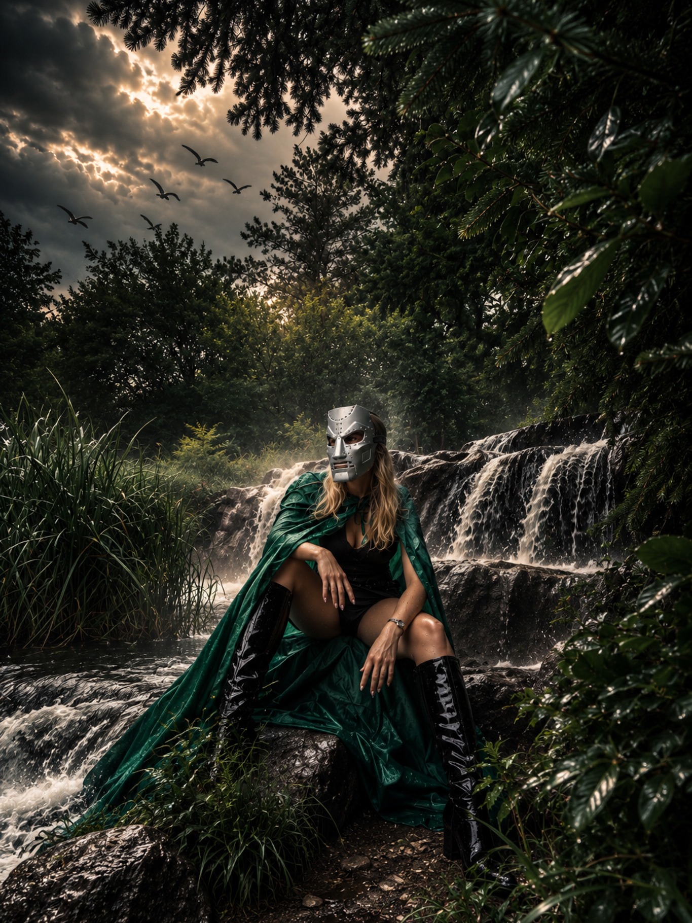 Doctor Doom cosplay at a waterfall's edge: seated in the silver mask and green cape as birds cross the clouded sky.