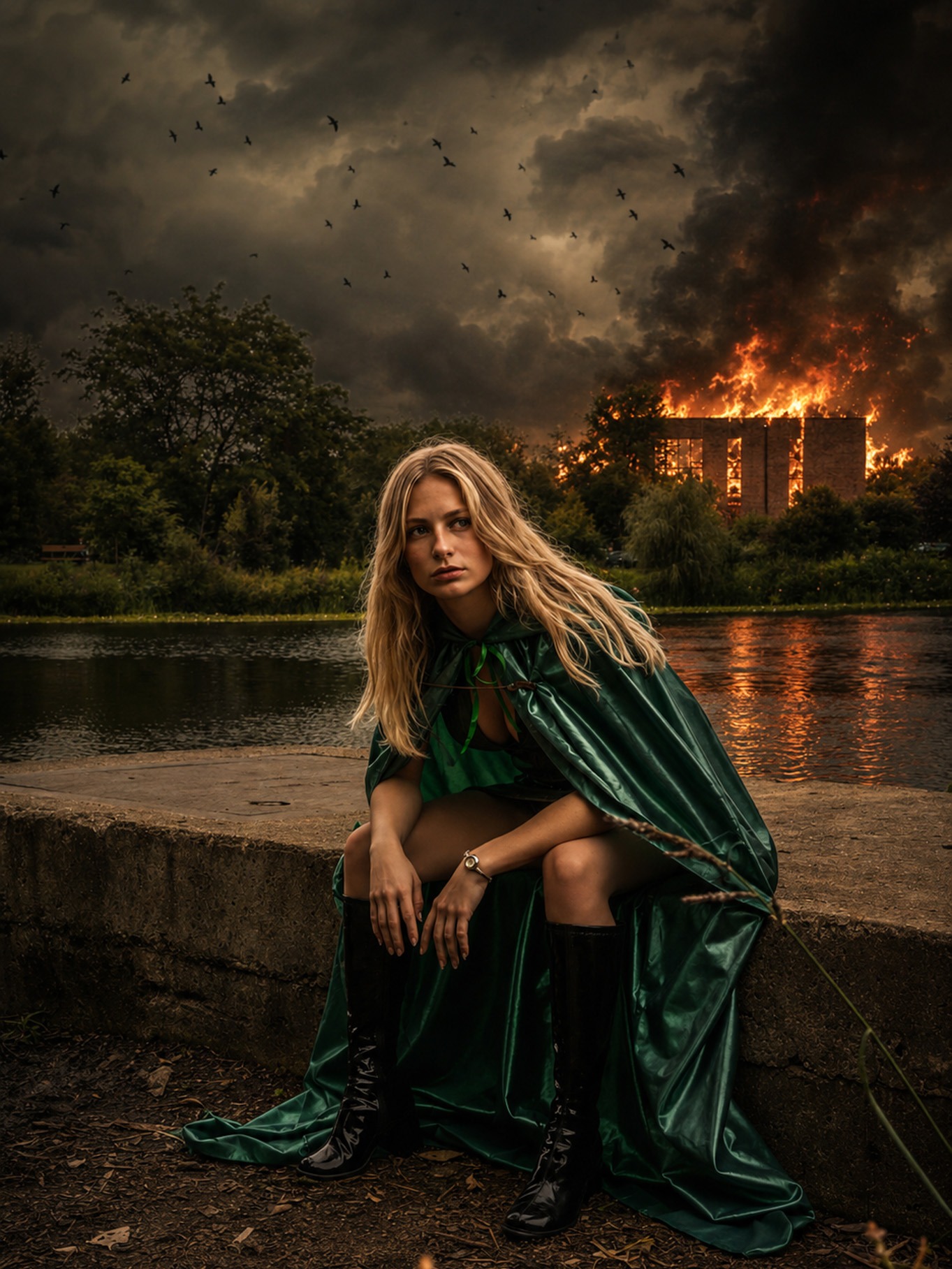 Unmasked portrait from the Doctor Doom shoot: seated at the water's edge in the green cape, a building burning across the lake.