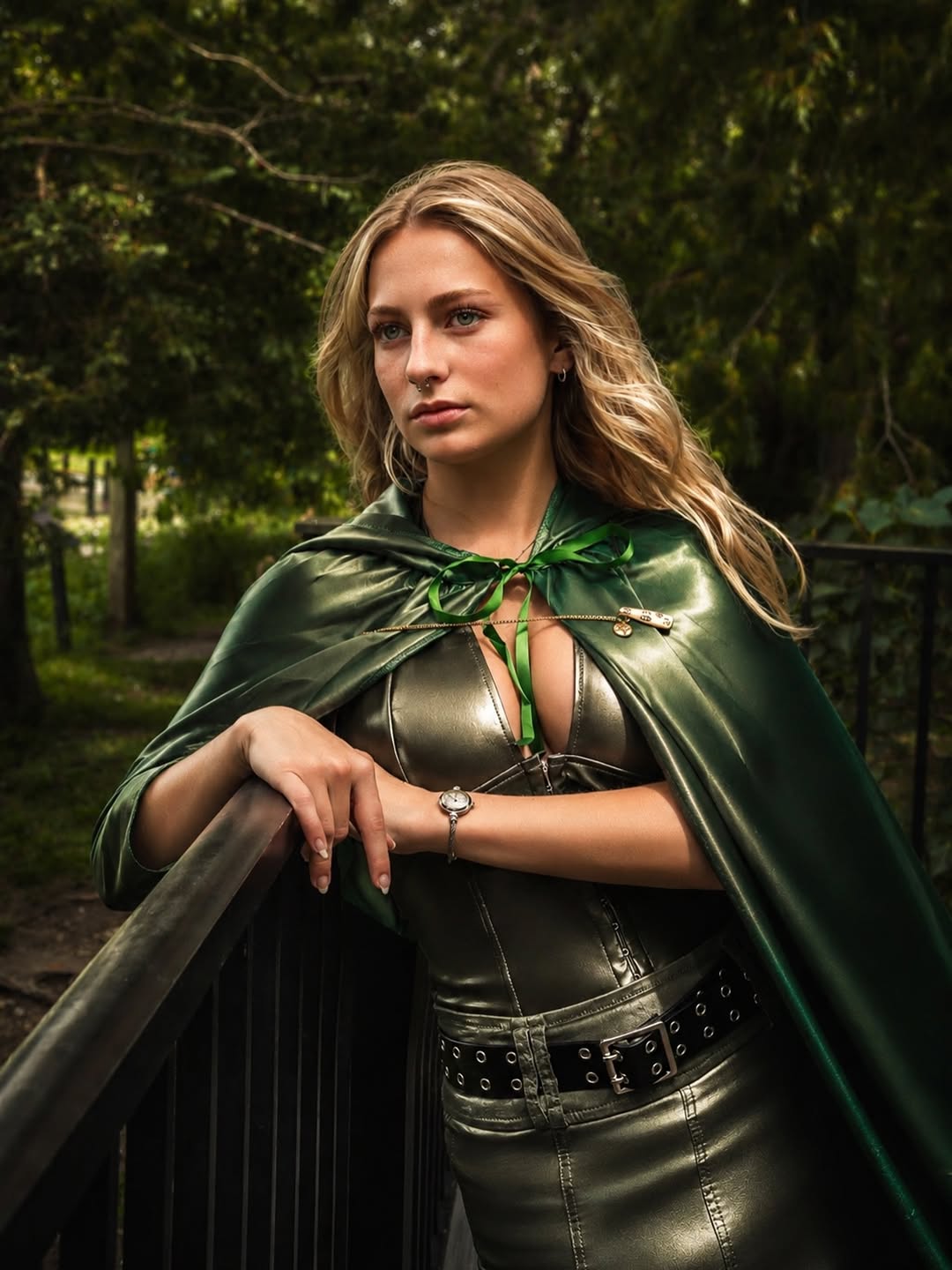 Unmasked portrait from the Doctor Doom shoot: leaning on a wooden rail in the green cape and metallic dress, lit by warm forest light.