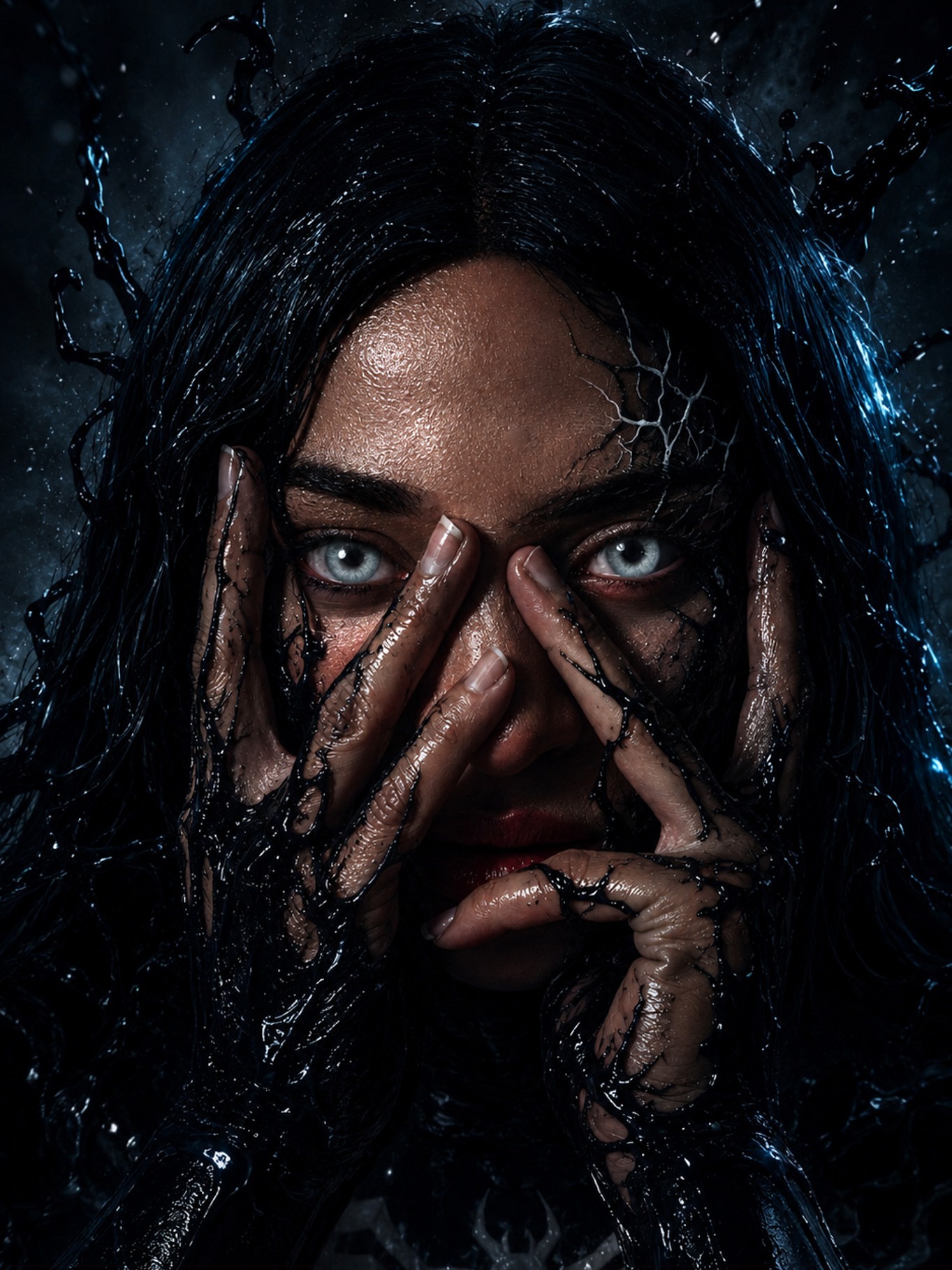 Venom cosplay close-up: the model stares through fingers spread across her face, black symbiote tendrils webbing her skin.