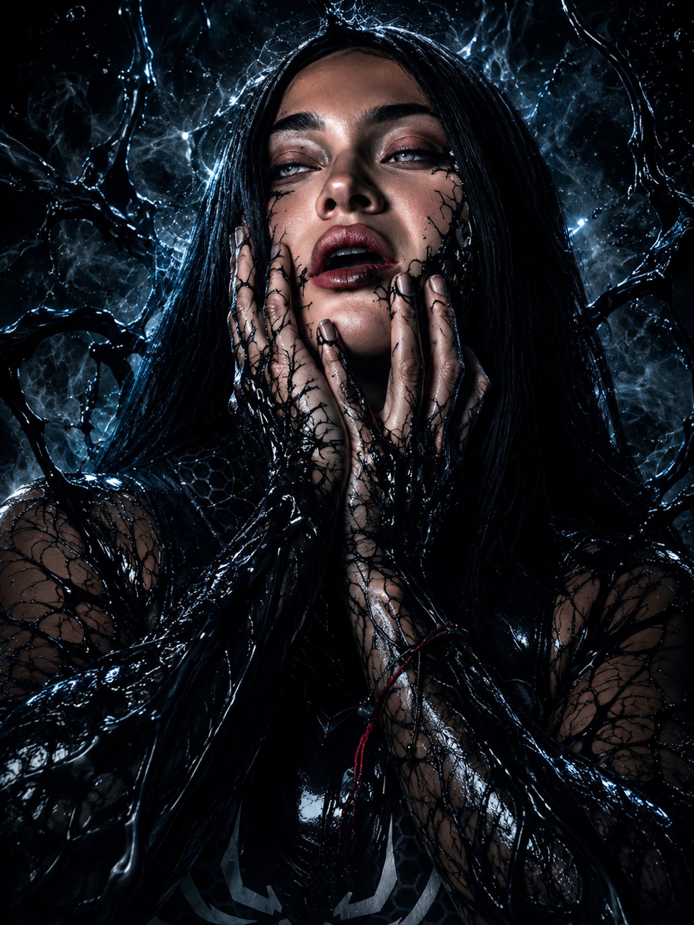 Venom cosplay portrait: eyes closed, hands pressed to her cheeks, symbiote strands wrapping her face and hair.