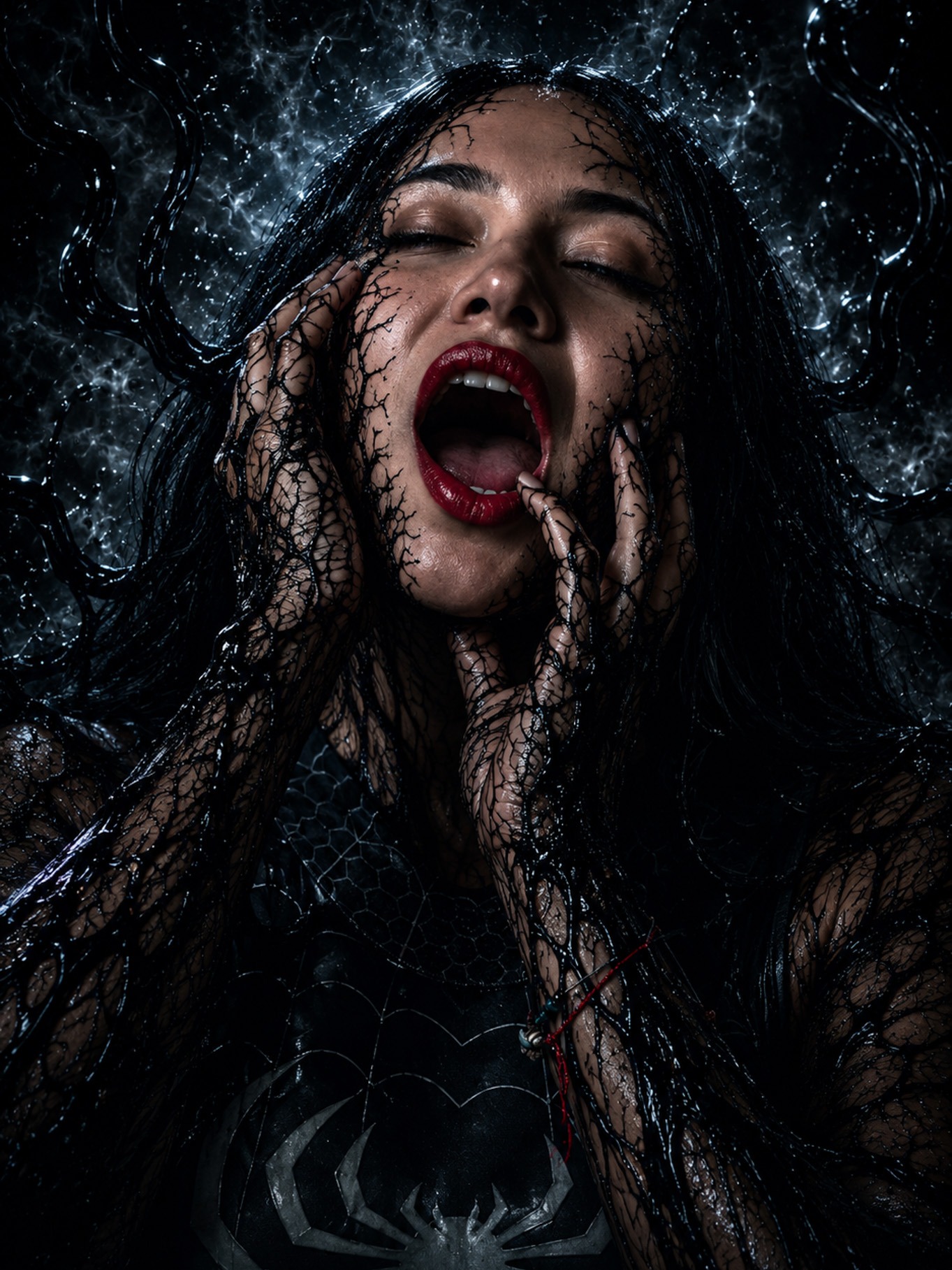 Venom cosplay portrait: the model screams, black symbiote strands crawling across her face, a spider emblem on her chest.