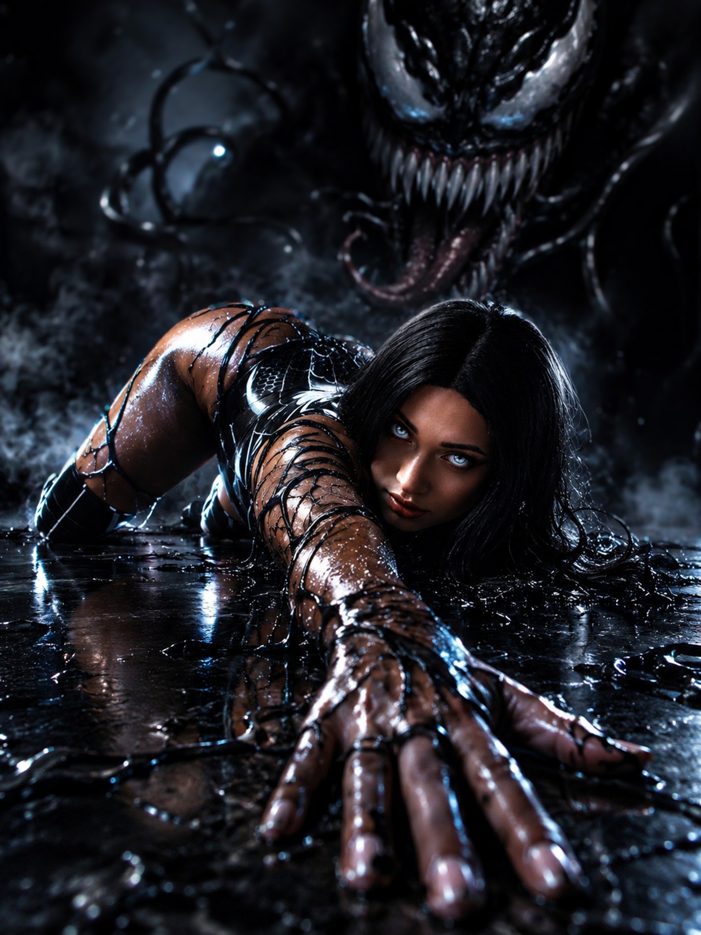 Venom cosplay: the model crawls forward with one arm outstretched while a giant fanged Venom maw looms out of the darkness behind her.