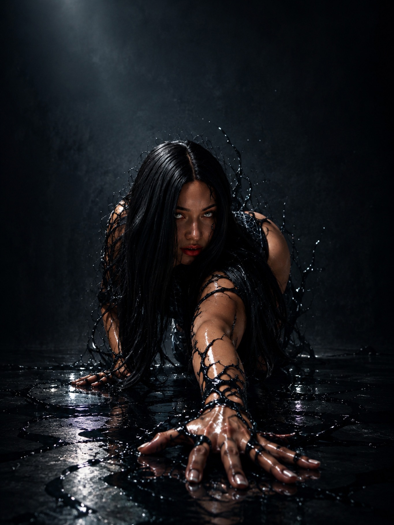 Venom cosplay in near darkness: reaching forward through splashing black liquid, hair falling around her face.