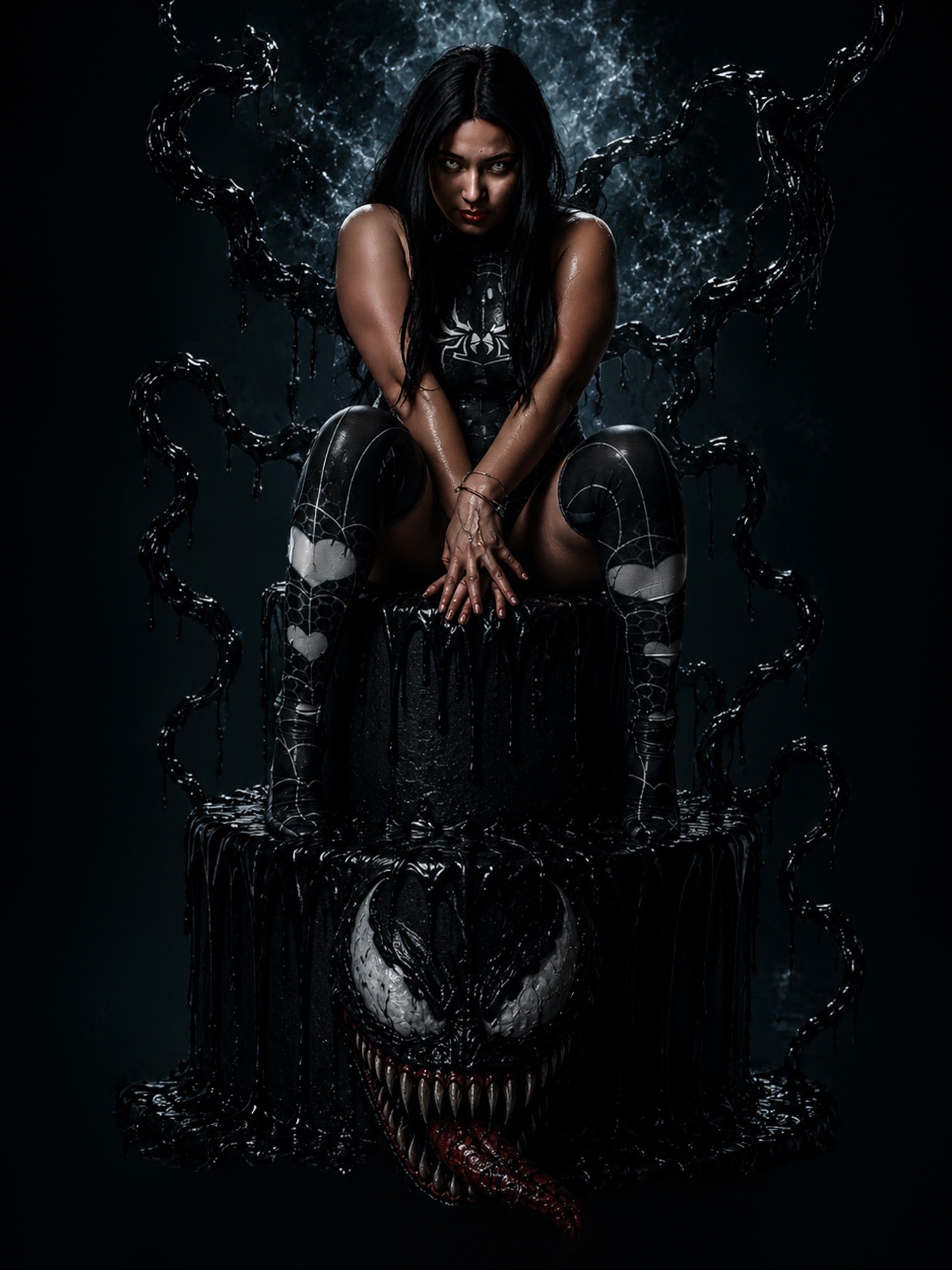 Venom cosplay: seated on a black plinth wrapped in symbiote tendrils, a white Venom maw emblem beneath her.